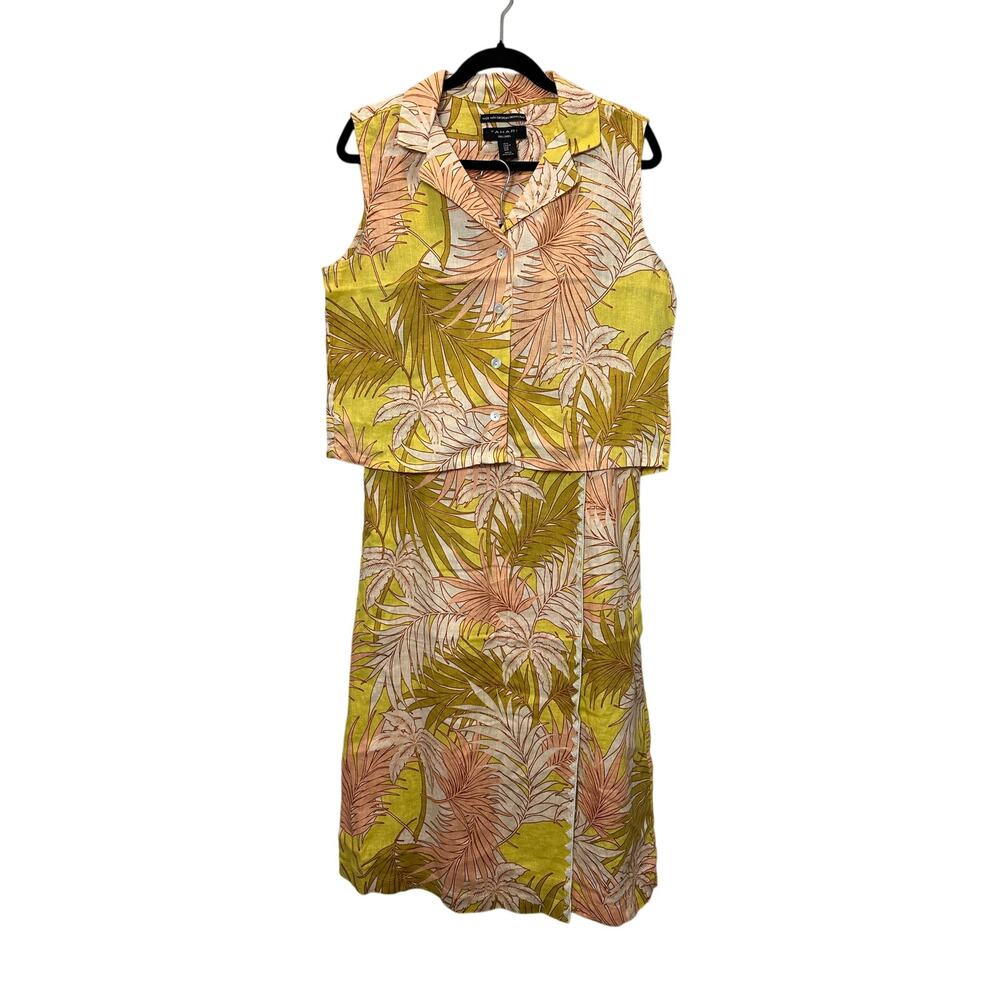 Tahari NWT Women’s Tropical Two Piece Faux Wrap Skirt 100% Linen Set size Medium